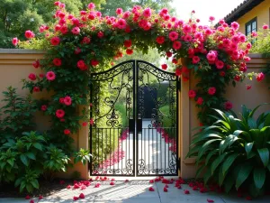 Mediterranean Wrought Iron Screen - An elegant wrought iron privacy screen with climbing bougainvillea and morning glory, creating a colorful Mediterranean-style barrier