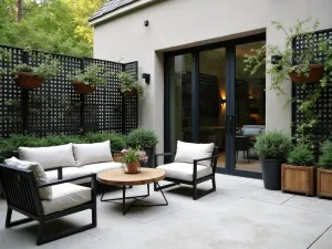 Metal Lattice Privacy Screen - A modern industrial patio with geometric metal lattice privacy screens, hanging planters with trailing ivy, and minimalist concrete furniture