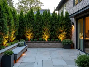 Mixed Evergreen Screen - Contemporary patio with mixed evergreen privacy screen including yew, holly, and Portuguese laurel, modern planters, ambient lighting