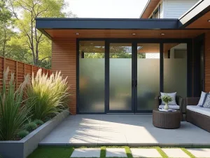 Mixed Material Privacy Screen - A contemporary patio combining frosted glass panels with wood slats for privacy, featuring built-in planters with ornamental grasses