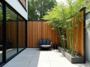 Modern Bamboo Privacy Screen - A sleek modern patio with tall black-framed bamboo privacy screens, featuring live bamboo plants growing in minimalist concrete planters, creating a zen-like atmosphere