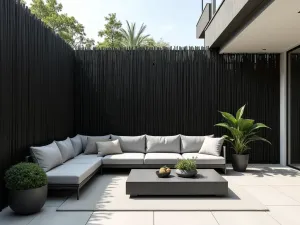 Modern Bamboo Screen Patio - A contemporary patio space with tall black bamboo privacy screens, featuring sleek gray outdoor furniture and minimalist planters, photographed in natural daylight