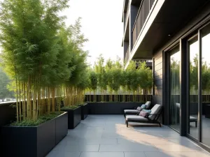 Modern Bamboo Screen Privacy - A contemporary apartment balcony with sleek black planters filled with tall bamboo creating a natural privacy screen, modern grey floor tiles, and minimalist furniture, photographed in soft afternoon light