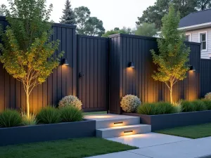 Modern Composite Privacy Panels - Sleek composite privacy panels in charcoal gray with integrated LED lighting and contemporary steel planters featuring architectural plants