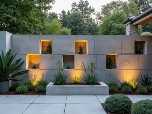 Modern Concrete Block Privacy Wall - Geometric concrete blocks arranged in an artistic pattern creating a privacy wall, with integrated succulent planters and modern lighting