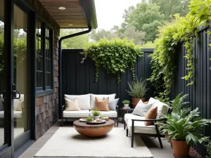 Modern Farmhouse Screen - A rustic-modern front patio with black-framed privacy screens and climbing vines, featuring mix of industrial and farmhouse-style furniture