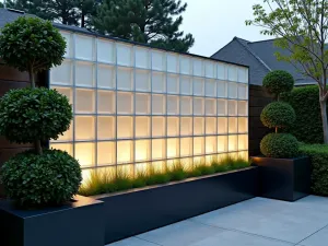 Modern Glass Block Screen - Frosted glass block privacy wall with integrated LED lighting, surrounded by modern boxwood topiary in black planters