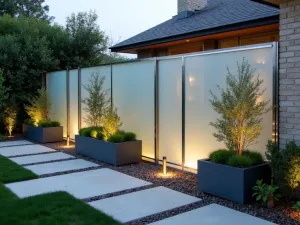 Modern Glass Privacy Panels - Frosted glass panels with stainless steel frames creating sophisticated privacy, accented by modern container plantings and LED lighting