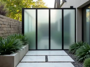 Modern Glass Privacy - Contemporary patio with frosted glass privacy panels and steel frames, accented with architectural plants in minimal containers