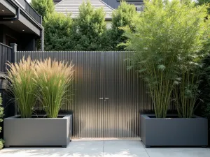 Modern Metal Chain Screen - Stainless steel chain curtain privacy screen with contemporary planters featuring tall horsetail reed and black bamboo