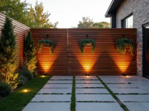 Modern Slatted Cedar Privacy Wall - A contemporary patio space with a sleek horizontal cedar slat privacy wall, featuring integrated LED lighting and mounted planters with cascading ivy, photographed at golden hour