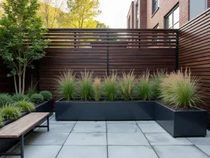 Modern Slatted Wood Panel - Horizontal wooden slat privacy screen in dark stain, featuring integrated planter boxes with ornamental grasses, creating a sophisticated urban patio retreat