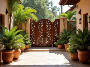 Moroccan Carved Screen - Exotic patio with ornate wooden carved privacy screens, complemented by potted palms and Mediterranean plants