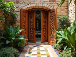 Moroccan Carved Screens - Ornate wooden carved screens creating intimate privacy, surrounded by Mediterranean plants and colorful mosaic accents