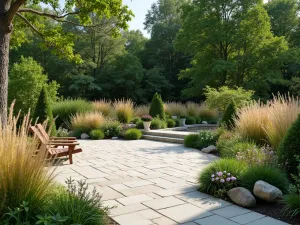 Native Plant Privacy Border - Natural-style patio with privacy border of native grasses, flowering perennials, and small trees, sustainable materials, bird-friendly