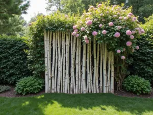 Natural Branch Screen - A artistic screen made from collected white birch branches arranged vertically, with climbing clematis adding color and privacy