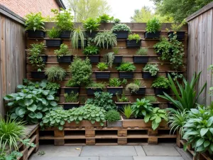 Pallet Plant Wall - Upcycled wooden pallet vertical garden filled with cascading succulents and herbs, creating a living privacy wall on a small urban patio