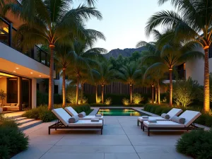 Tropical Palm Screen - Resort-style patio surrounded by tall areca palms and traveler's palms, creating exotic privacy screen, modern loungers, mood lighting