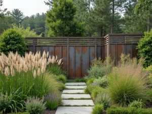 Prairie Style Screen - Natural privacy created with tall ornamental grasses and perennials in a prairie-style design, featuring weathered steel elements