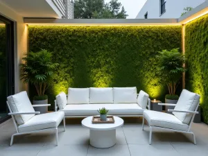 Preserved Moss Privacy Panel - An artistic patio space with preserved moss wall panels providing privacy, accented with modern LED lighting and sleek white furniture