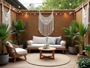 Reed Screen Enclosure - Natural reed roll fencing creating a bohemian patio enclosure, decorated with macramé hangings and string lights, potted palms in corners