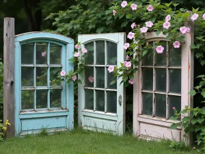 Repurposed Window Privacy - Vintage window frames repurposed as privacy screens, painted in pastel colors with climbing morning glories and mounted between posts