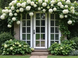 Repurposed Window Screen - Vintage window frames arranged as a privacy screen, with mirrors and frosted glass panels, surrounded by climbing hydrangea and jasmine