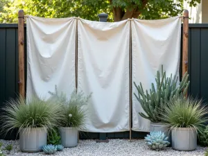 Rope and Canvas Screen - Nautical-inspired privacy screen made from canvas and rope, creating a coastal feel with potted beach grasses and blue-toned succulents