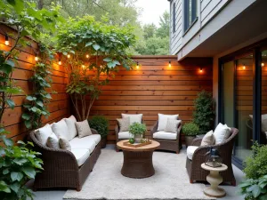 Rustic Cedar Privacy Wall - A warm and inviting patio featuring a horizontal cedar slat privacy wall with climbing jasmine, string lights, and comfortable rattan furniture