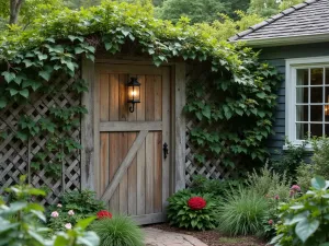 Rustic Lattice Living Wall - A weathered wooden lattice privacy screen covered in climbing jasmine and ivy, with vintage lanterns hanging from copper hooks, creating a cozy cottage atmosphere