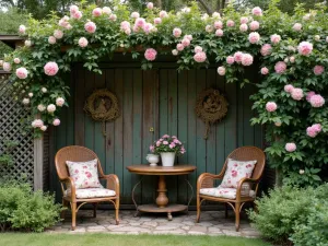 Rustic Lattice Privacy Screen - A weathered wooden lattice privacy screen covered in climbing roses and clematis, surrounding a cozy patio with vintage furniture