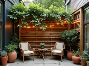 Rustic Lattice Wall - DIY wooden lattice privacy wall with climbing jasmine and fairy lights, creating a cozy intimate patio space with vintage furniture and terracotta pots