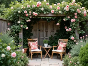 Rustic Lattice Screen - A weathered wooden lattice screen with climbing roses and clematis, creating a romantic cottage-style privacy barrier around a cozy patio seating area