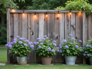 Rustic Reclaimed Wood Privacy Wall - A weathered reclaimed wood privacy wall with vertical panels, adorned with vintage metal planters containing flowering clematis and string lights overhead