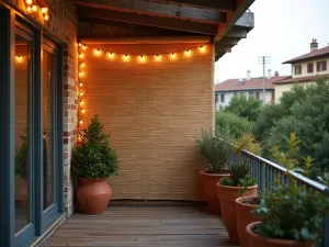 Rustic Reed Roll Screen - Natural reed roll privacy screen attached to apartment balcony railing, complemented by terracotta pots with Mediterranean herbs and string lights, creating a bohemian atmosphere