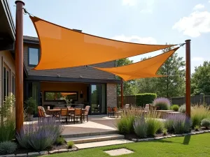 Sail Shade Privacy - Overlapping triangular shade sails in earth tones providing both privacy and shade, mounted on wooden posts with potted lavender and ornamental grasses below