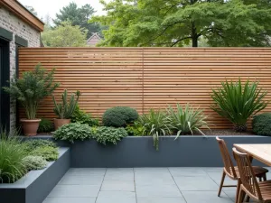 Scandinavian Slatted Wall - Light wood slatted privacy wall with integrated planters, featuring minimalist design and hardy northern climate plants