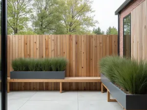 Scandinavian Wooden Slat Screen - Light wooden slat privacy screen with clean lines and mounted planters containing ornamental grasses, creating a minimal Nordic-inspired patio