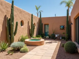 Southwest Adobe Privacy Wall - Adobe-style privacy wall with turquoise accents and built-in cactus gardens, creating a desert-inspired private patio space