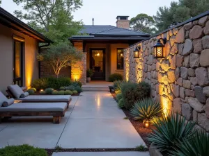 Stone Wall Privacy Screen - A rustic-modern patio with a natural stone privacy wall featuring integrated succulent gardens and contemporary outdoor lighting