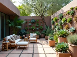 Succulent Privacy Wall - Modern southwestern patio with vertical succulent wall featuring various echeveria and sedum varieties, desert plants in contemporary containers