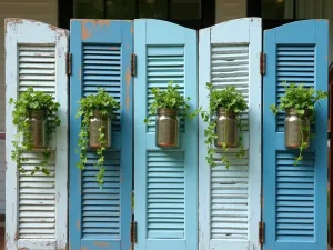 Thrift Store Shutter Wall - Repurposed vintage shutters painted in varying shades of blue, arranged as a privacy wall with mounted mason jar planters containing trailing ivy