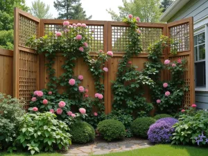 Trellis Panel Screen - Simple wooden trellis panels connected with hinges to create a folding privacy screen, adorned with climbing roses and clematis