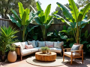 Tropical Paradise Privacy Wall - A natural privacy wall created with tall tropical plants, including banana trees and bird of paradise, surrounding a bohemian-style patio setup