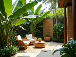 Tropical Paradise Screen - A private patio oasis surrounded by large-leafed tropical plants like banana trees and bird of paradise, with bamboo screens and rattan furniture