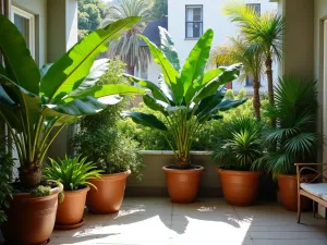 Tropical Paradise Screen - Large-leafed tropical plants in tall planters creating natural privacy, featuring banana plants, bird of paradise, and palm varieties on a sunny apartment patio