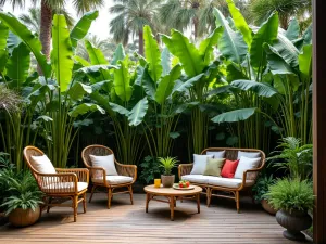 Mixed Tropical Privacy Border - Lush tropical patio border with tall banana plants, bird of paradise, and colorful cordylines creating natural privacy, wooden deck, rattan furniture