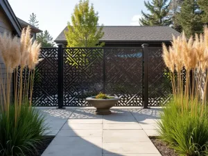 Urban Oasis Screen - A contemporary front patio with custom metal privacy screens featuring geometric patterns, surrounded by tall ornamental grasses