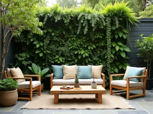 Vertical Garden Privacy Wall - An eco-friendly patio with a living wall privacy screen filled with ferns, succulents, and trailing vines, complemented by sustainable bamboo furniture