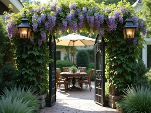 Victorian Iron Privacy Screen - Ornate wrought iron privacy screen with climbing wisteria and vintage lanterns, perfect for a classic Victorian-style patio setting